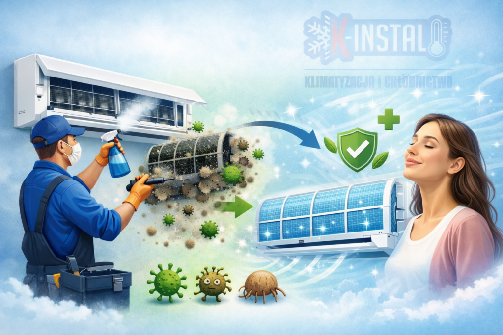 Serwis i dezynfekcja klimatyzacji – czyszczenie filtrów klimatyzatora przez serwisanta K-INSTAL poprawiające jakość powietrza w domu