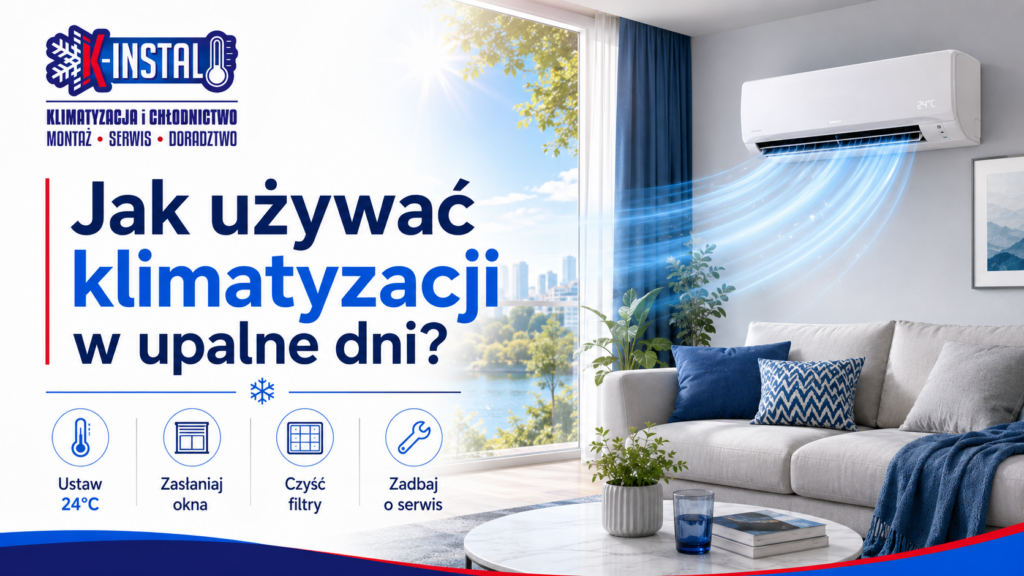 Jak używać klimatyzacji w upalne dni — K-INSTAL Nowoczesny salon z klimatyzatorem ściennym ustawionym na 24°C, chłodne powietrze z klimatyzacji w upalny dzień oraz logo K-INSTAL.